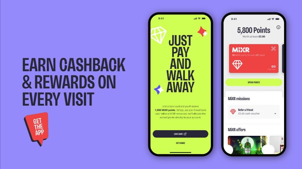 MiXR app: pay and walk away, points balance and rewards, with the message Earn cashback and rewards on every visit